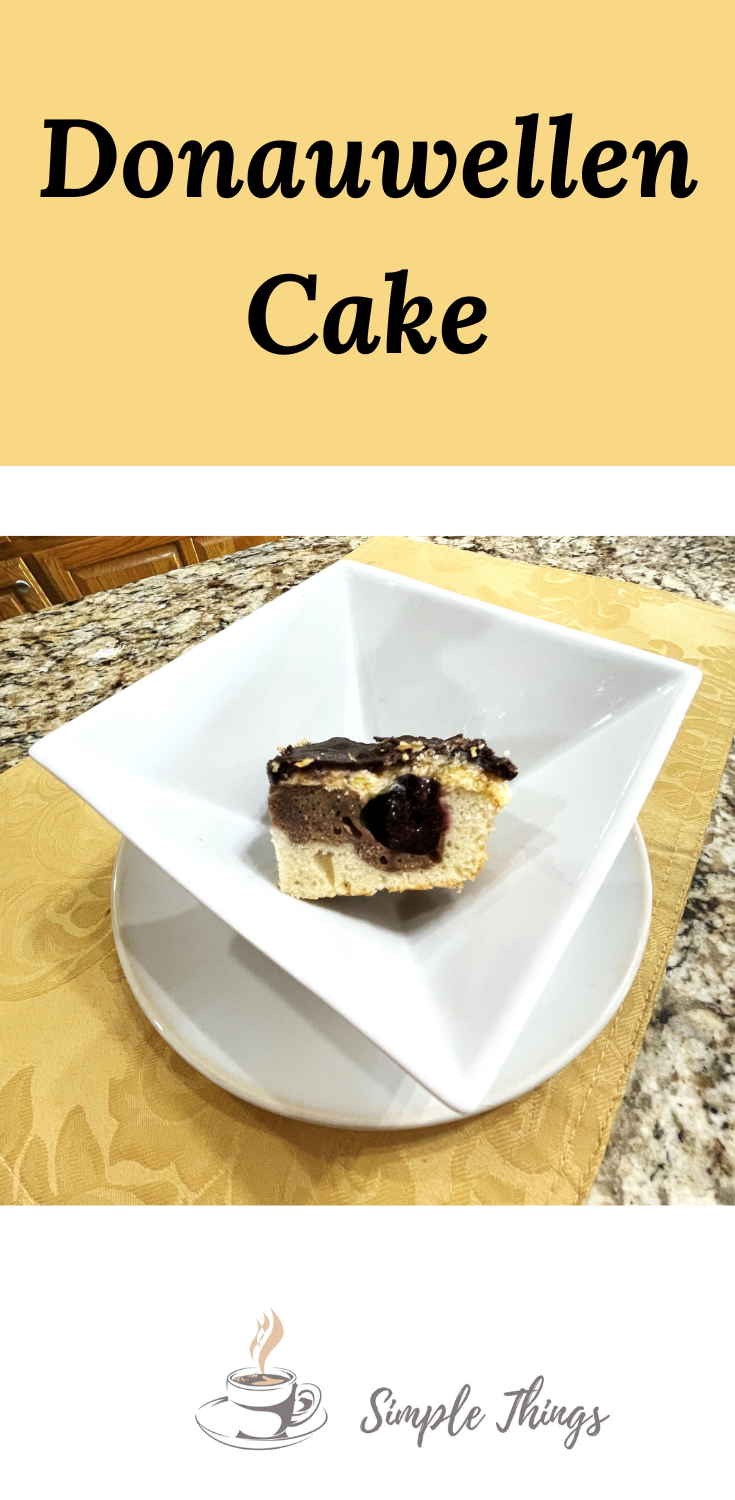 Pinterest tag with the Title Donauwellen German Cake and a picture of a piece of the cake in a square white bowl.